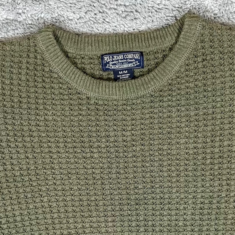 Polo Jeans Co Ralph Lauren Mens Medium Olive Green Waffle Knit Sweater Pullover